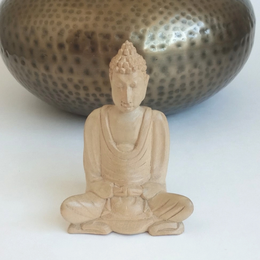 Rare Antique Blonde Wooden Hand Carved Sitting Buddha Figurine (4 1/2" Height)